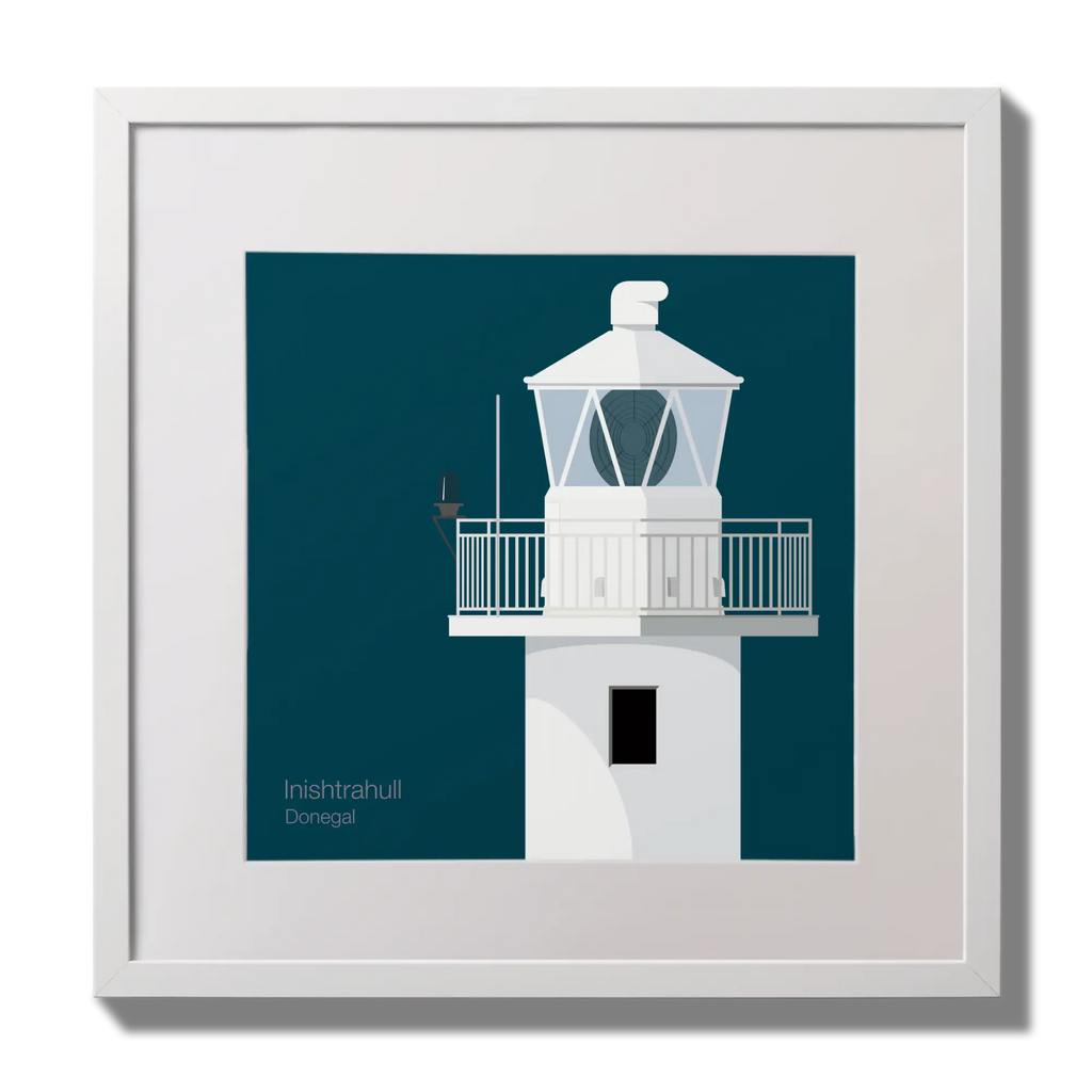 Illustration of Inishtrahull lighthouse on a midnight blue background,  in a white square frame measuring 30x30cm.