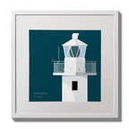 Illustration of Inishtrahull lighthouse on a midnight blue background,  in a white square frame measuring 30x30cm.