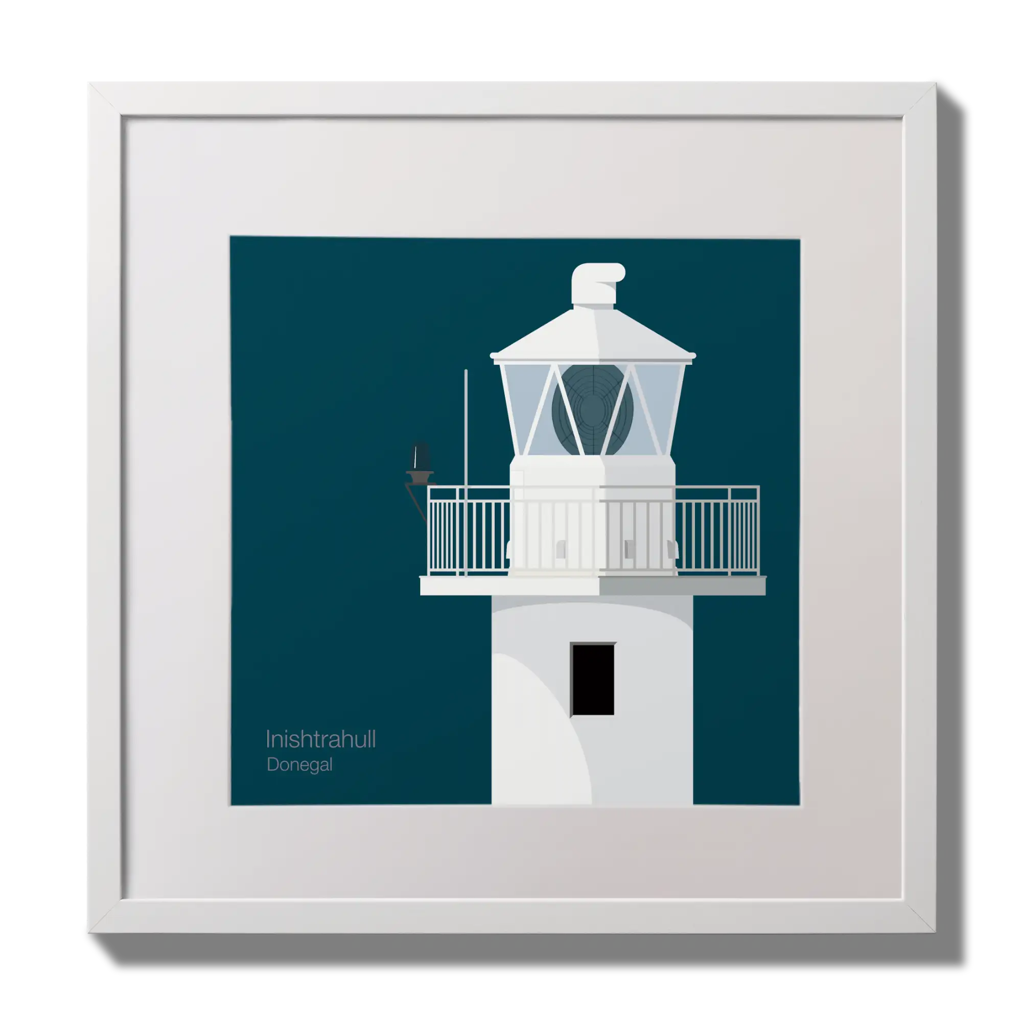 Illustration of Inishtrahull lighthouse on a midnight blue background,  in a white square frame measuring 30x30cm.