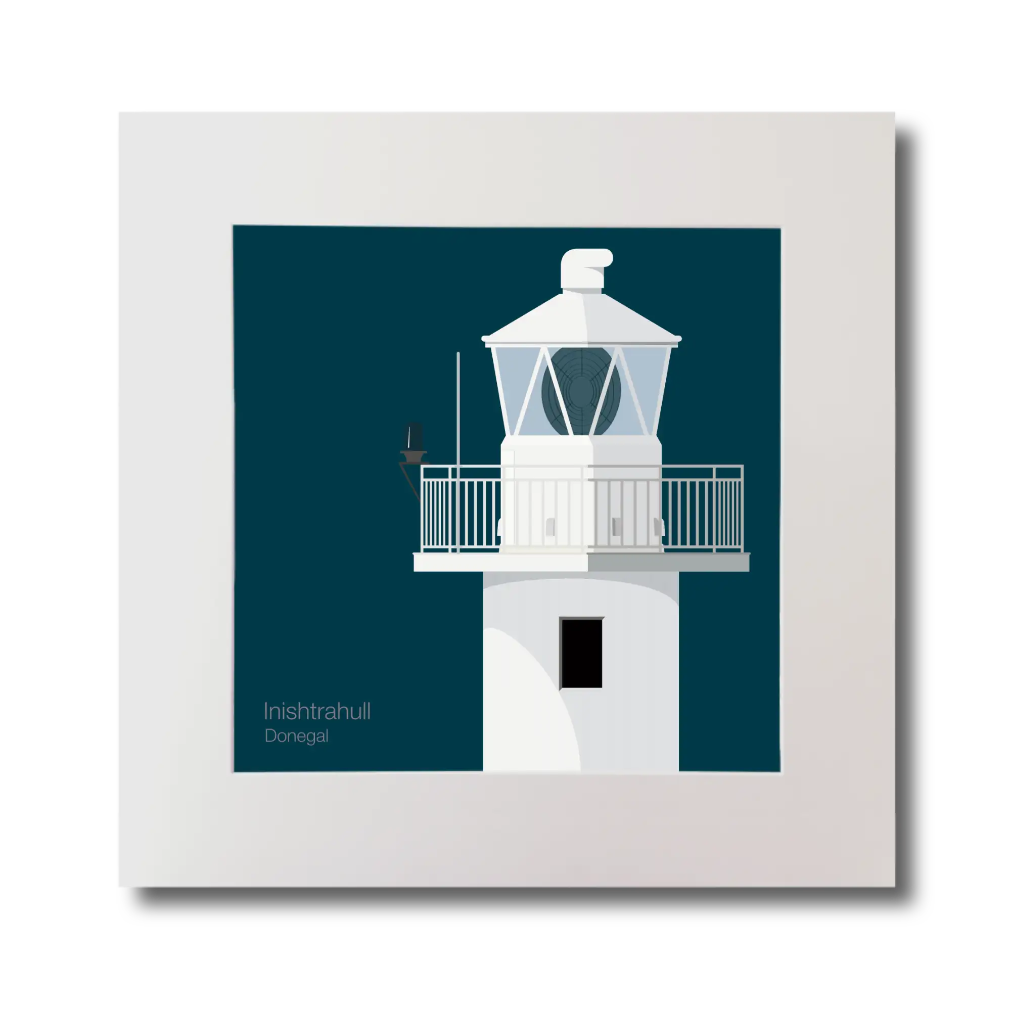 Illustration of Inishtrahull lighthouse on a midnight blue background, mounted and measuring 30x30cm.