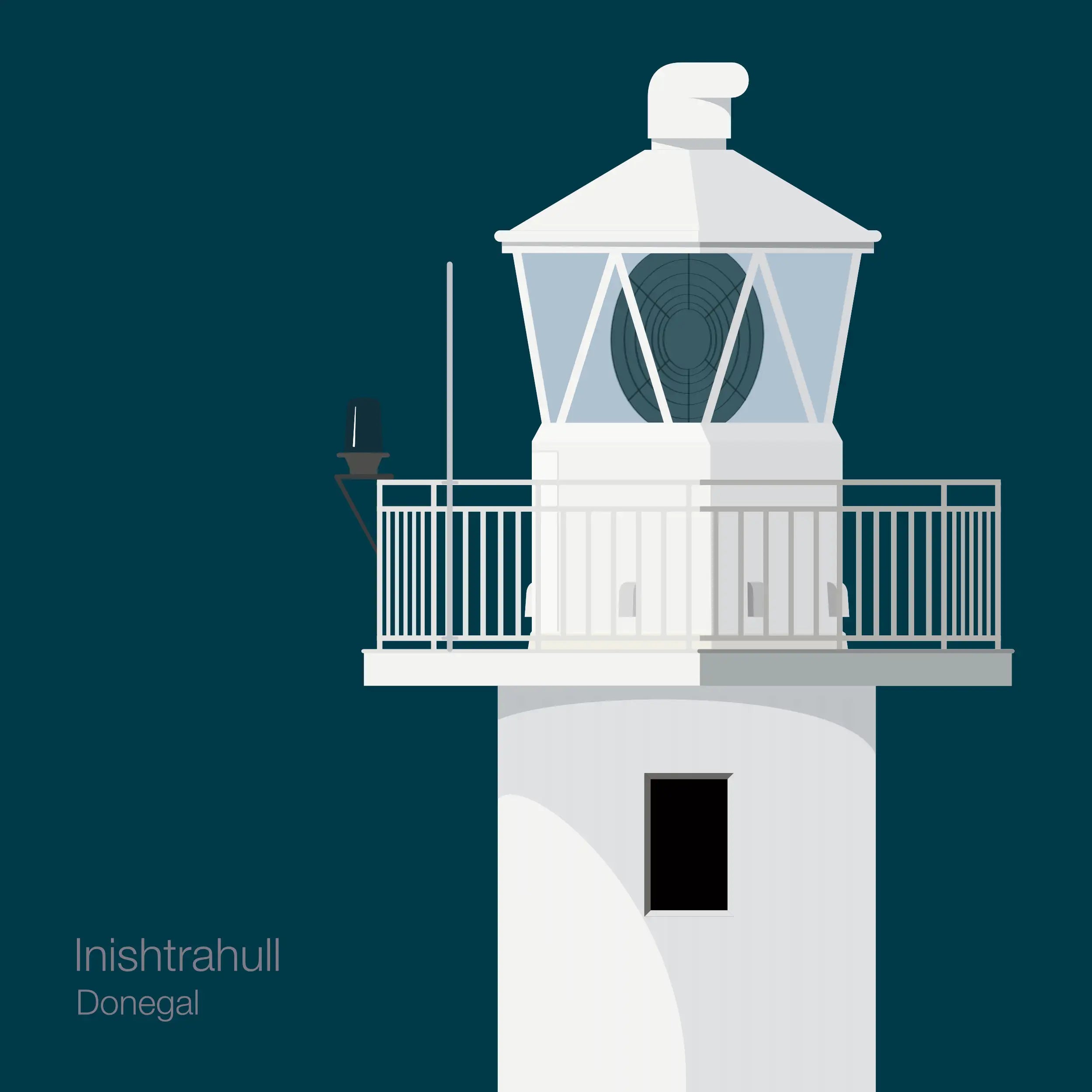 Illustration of Inishtrahull lighthouse on a midnight blue background