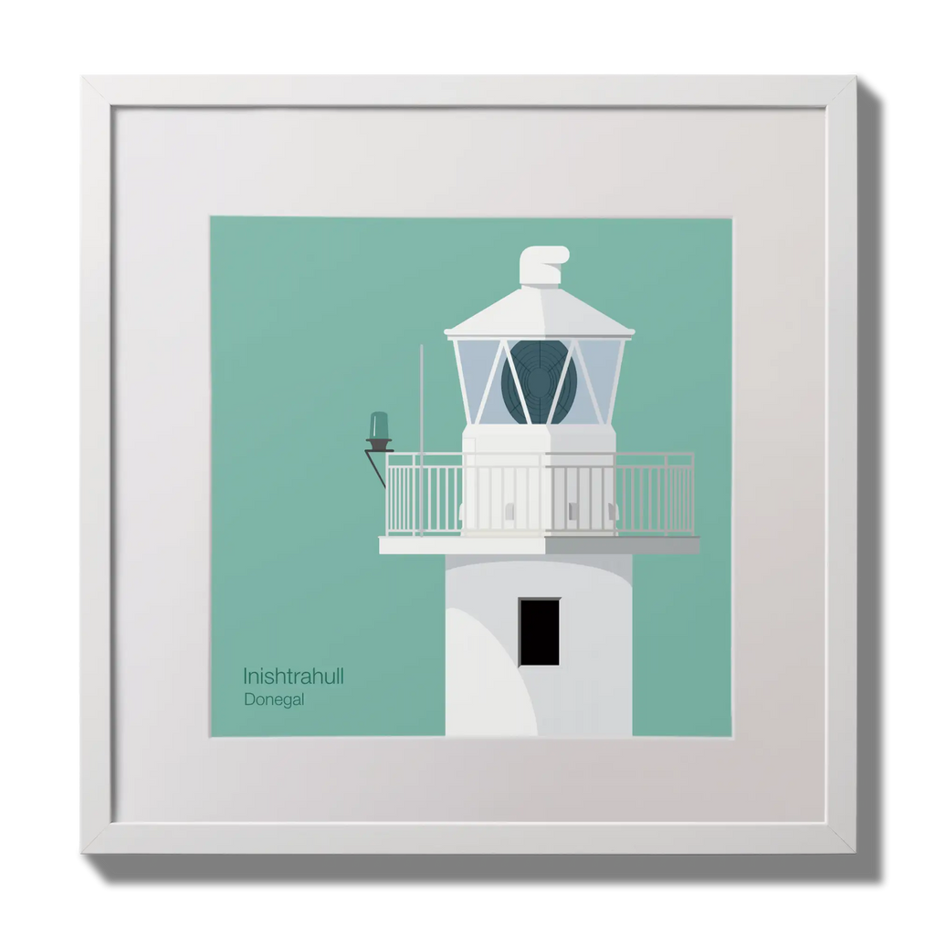Illustration of Inishtrahull lighthouse on an ocean green background,  in a white square frame measuring 30x30cm.
