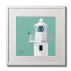 Illustration of Inishtrahull lighthouse on an ocean green background,  in a white square frame measuring 30x30cm.