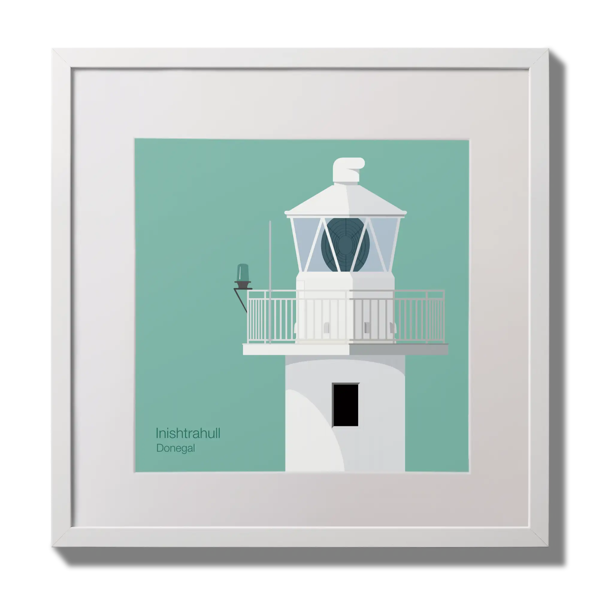 Illustration of Inishtrahull lighthouse on an ocean green background,  in a white square frame measuring 30x30cm.