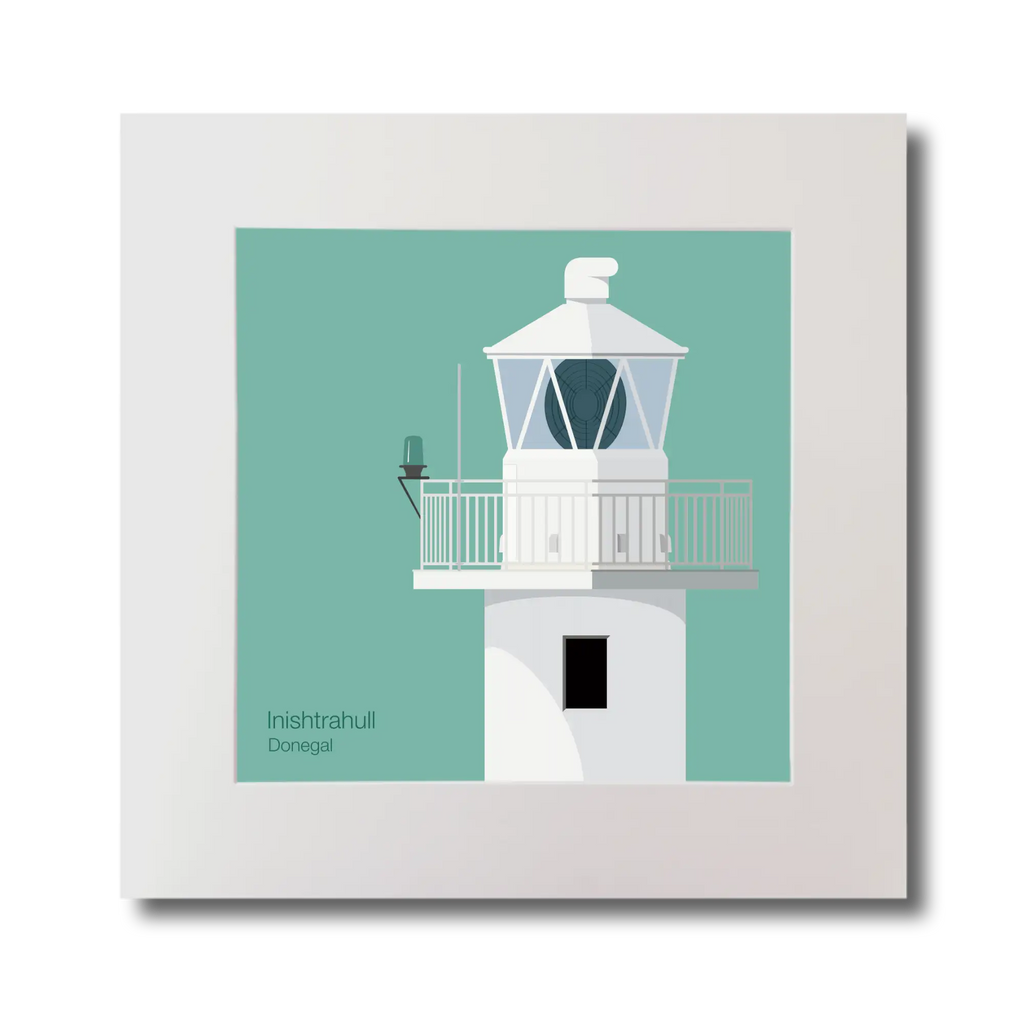 Illustration of Inishtrahull lighthouse on an ocean green background, mounted and measuring 30x30cm.