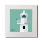 Illustration of Inishtrahull lighthouse on an ocean green background, mounted and measuring 30x30cm.