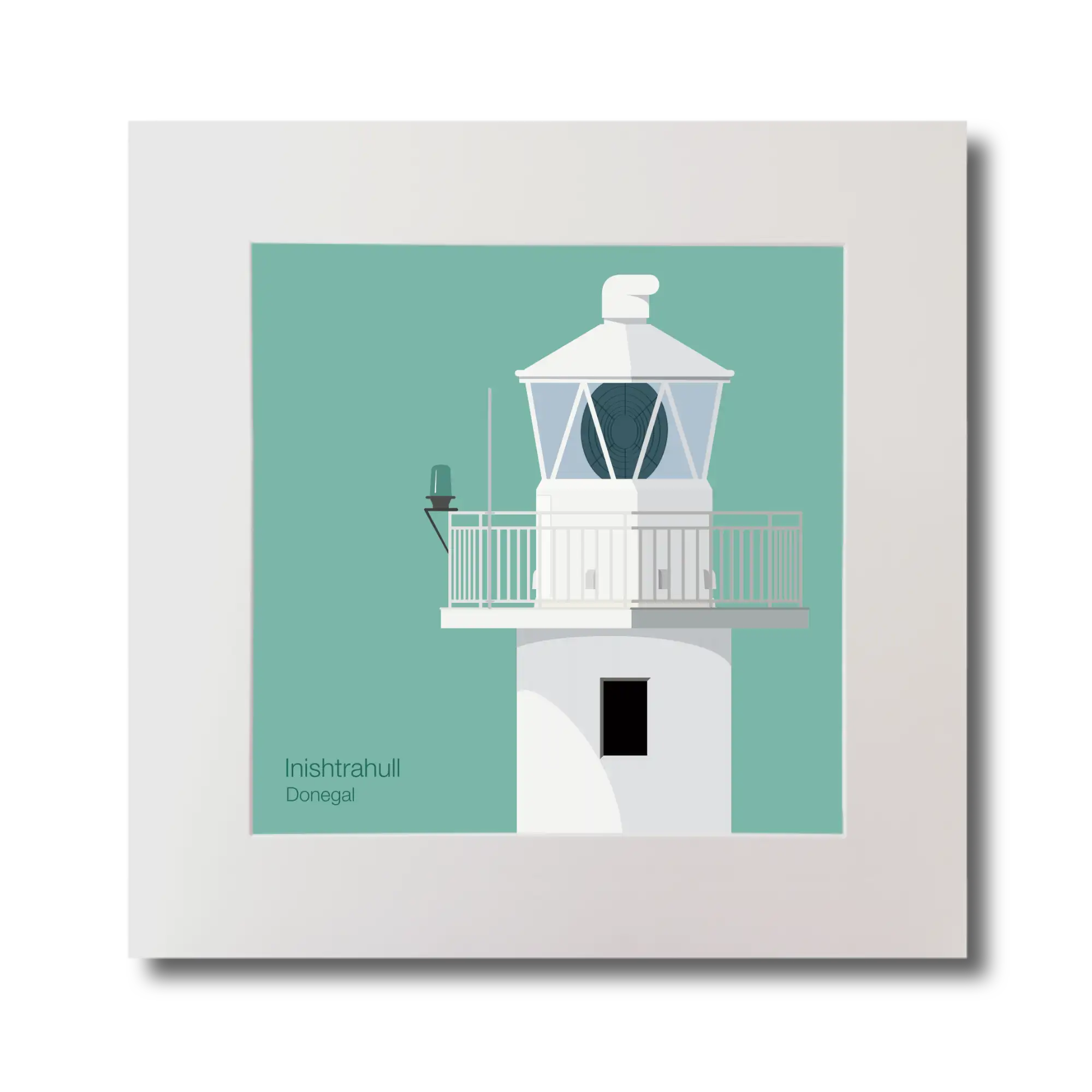 Illustration of Inishtrahull lighthouse on an ocean green background, mounted and measuring 30x30cm.