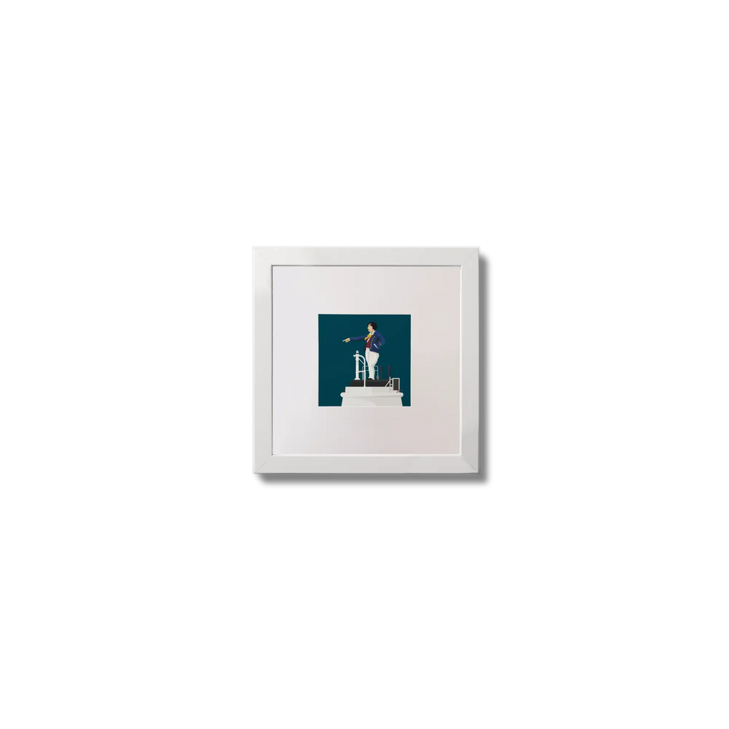 Illustration of Metal Man lighthouse on a midnight blue background,  in a white square frame measuring 10x10cm.