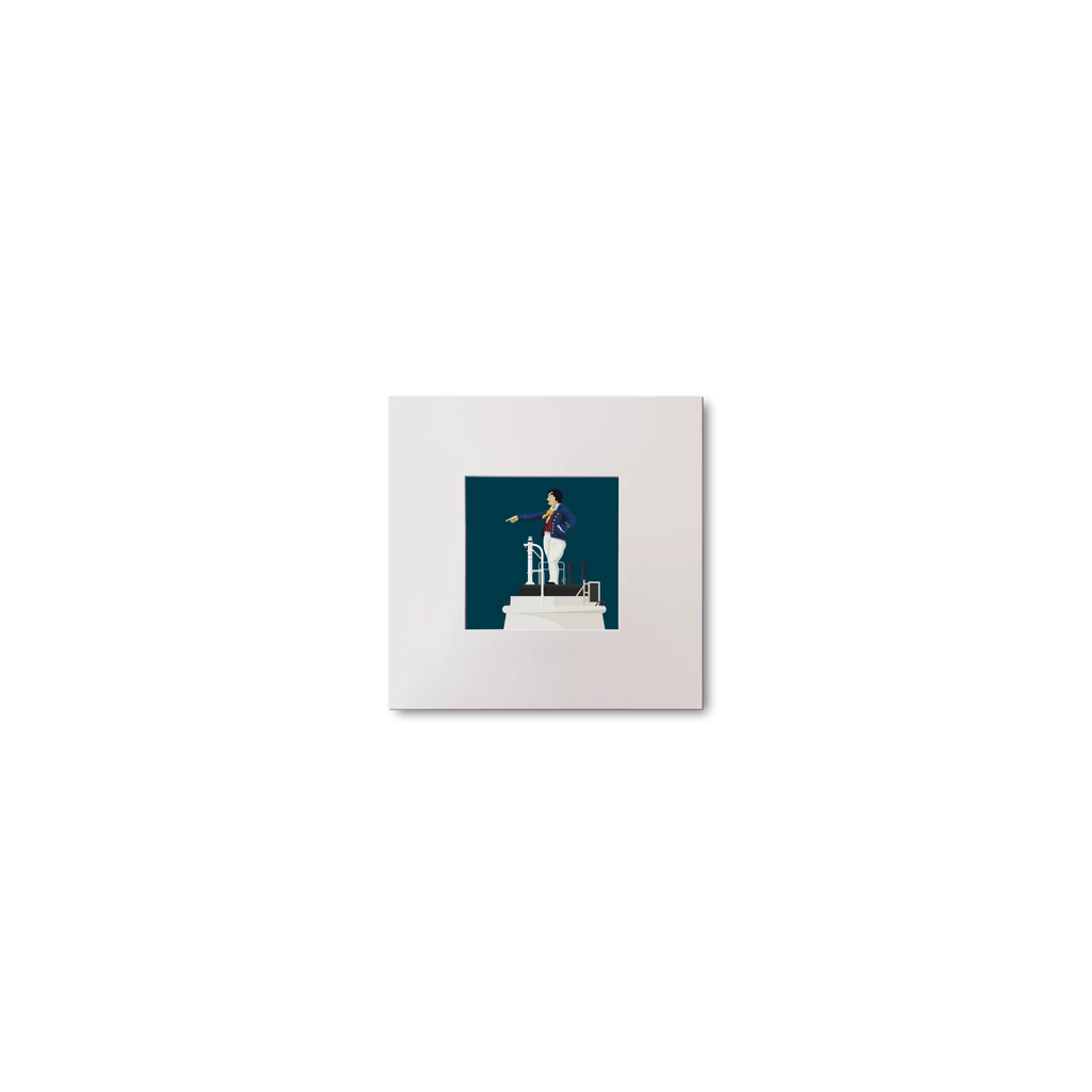 Illustration of Metal Man lighthouse on a midnight blue background, mounted and measuring 10x10cm.