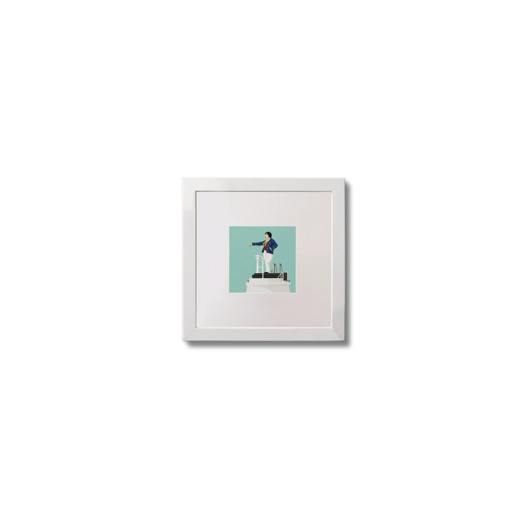 Illustration of Metal Man lighthouse on an ocean green background,  in a white square frame measuring 10x10cm.