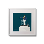 Illustration of Metal Man lighthouse on a midnight blue background,  in a white square frame measuring 20x20cm.