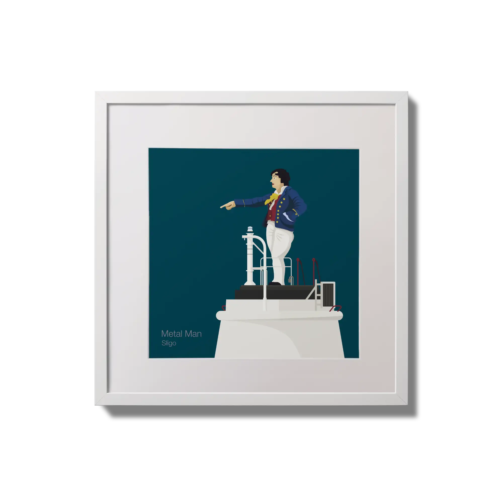 Illustration of Metal Man lighthouse on a midnight blue background,  in a white square frame measuring 20x20cm.
