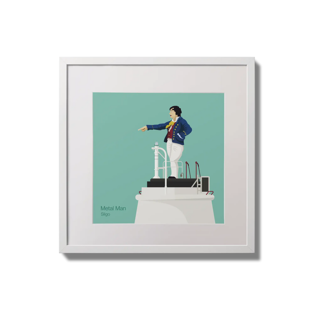 Illustration of Metal Man lighthouse on an ocean green background,  in a white square frame measuring 20x20cm.