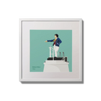 Illustration of Metal Man lighthouse on an ocean green background,  in a white square frame measuring 20x20cm.