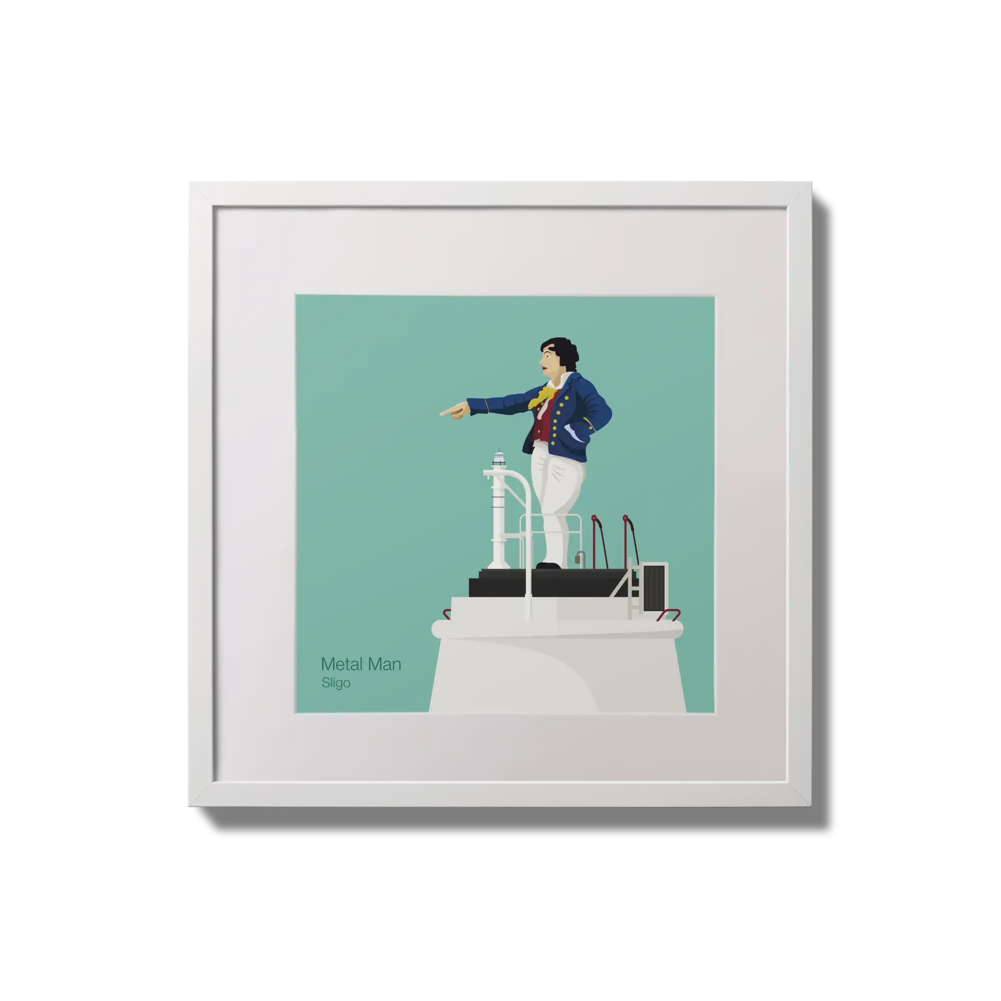 Illustration of Metal Man lighthouse on an ocean green background,  in a white square frame measuring 20x20cm.