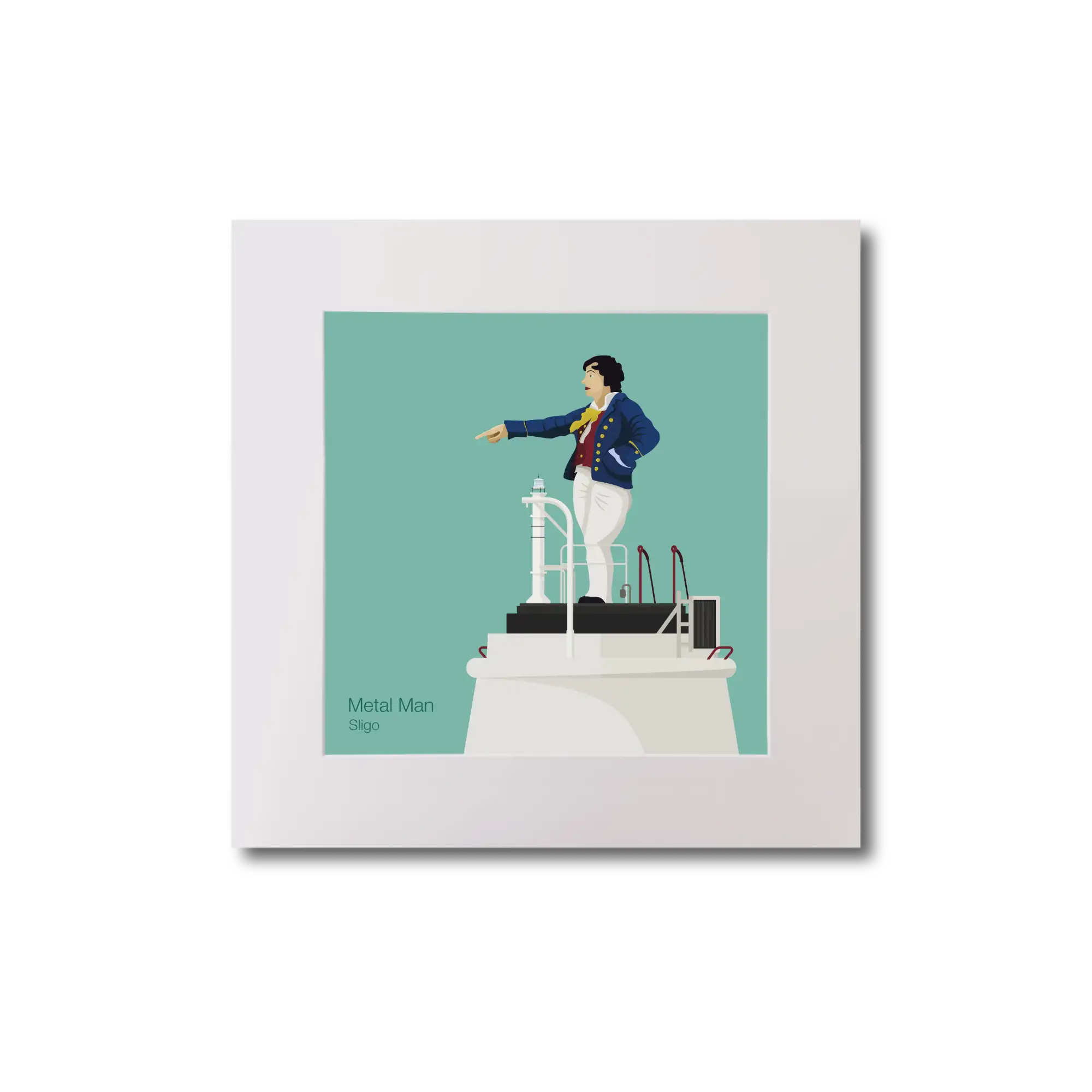 Illustration of Metal Man lighthouse on an ocean green background, mounted and measuring 20x20cm.