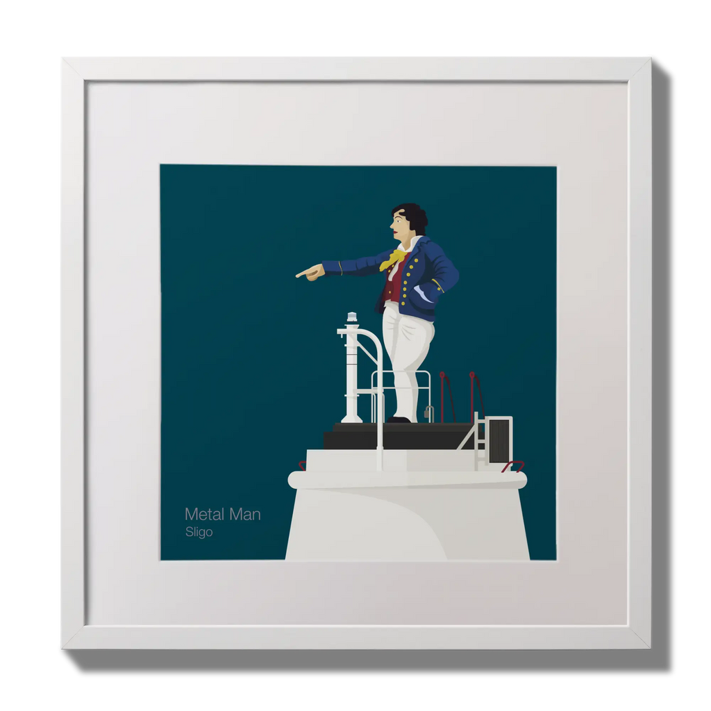 Illustration of Metal Man lighthouse on a midnight blue background,  in a white square frame measuring 30x30cm.