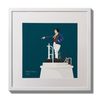 Illustration of Metal Man lighthouse on a midnight blue background,  in a white square frame measuring 30x30cm.