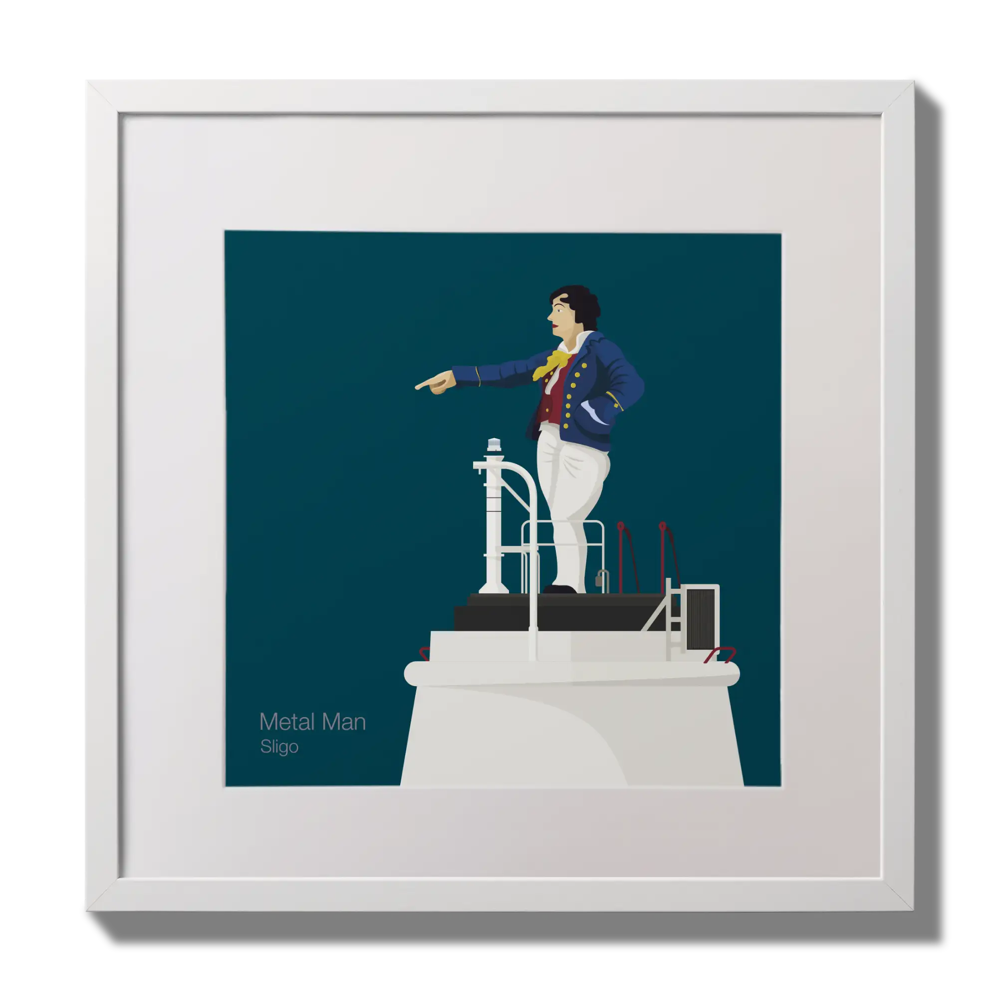 Illustration of Metal Man lighthouse on a midnight blue background,  in a white square frame measuring 30x30cm.