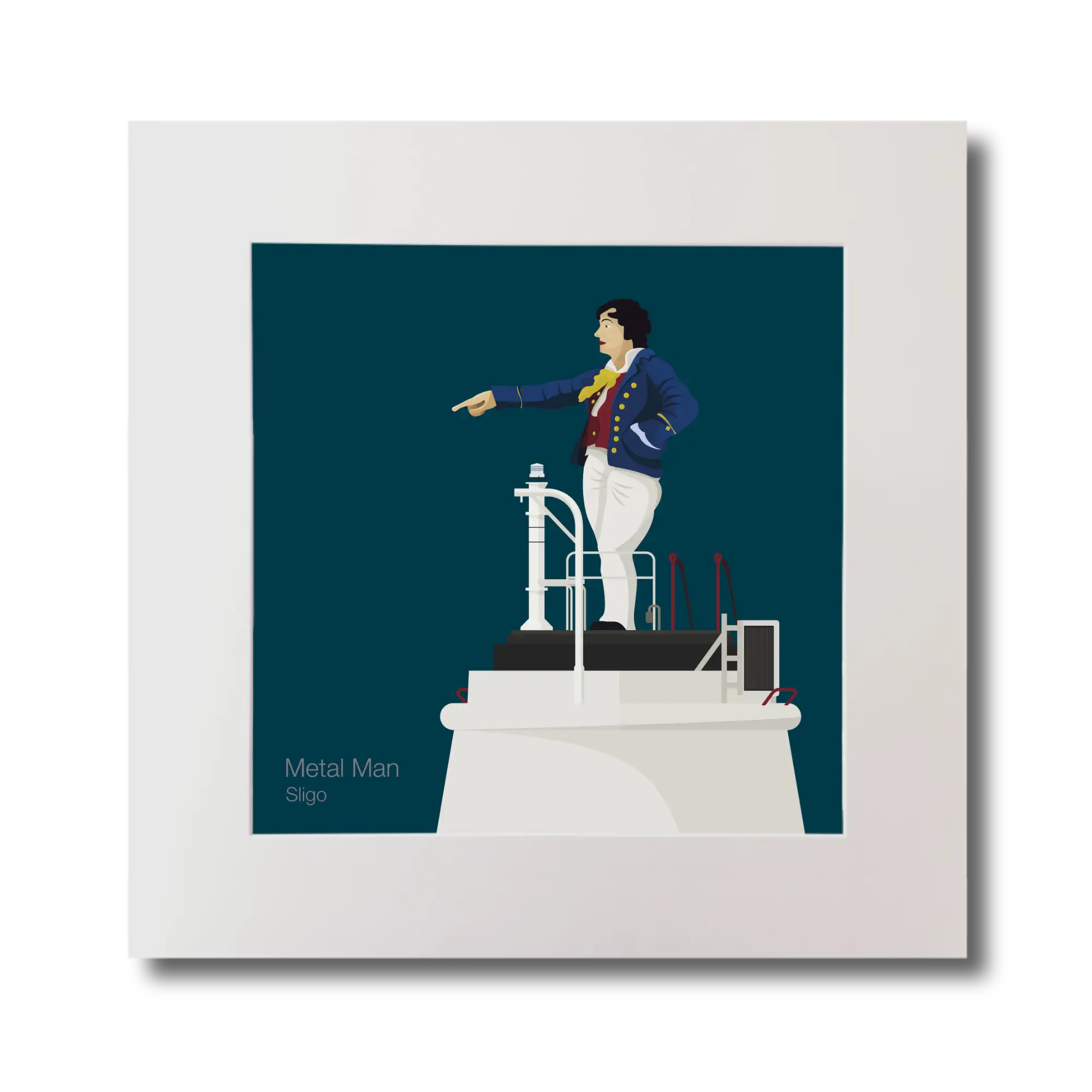 Illustration of Metal Man lighthouse on a midnight blue background, mounted and measuring 30x30cm.