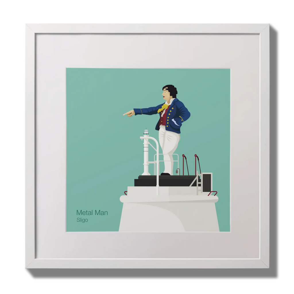 Illustration of Metal Man lighthouse on an ocean green background,  in a white square frame measuring 30x30cm.