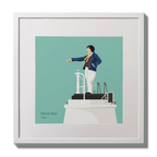 Illustration of Metal Man lighthouse on an ocean green background,  in a white square frame measuring 30x30cm.