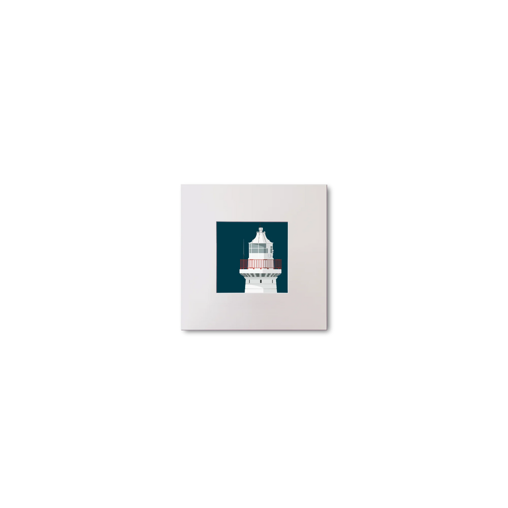 Illustration of Donaghadee lighthouse on a midnight blue background, mounted and measuring 10x10cm.