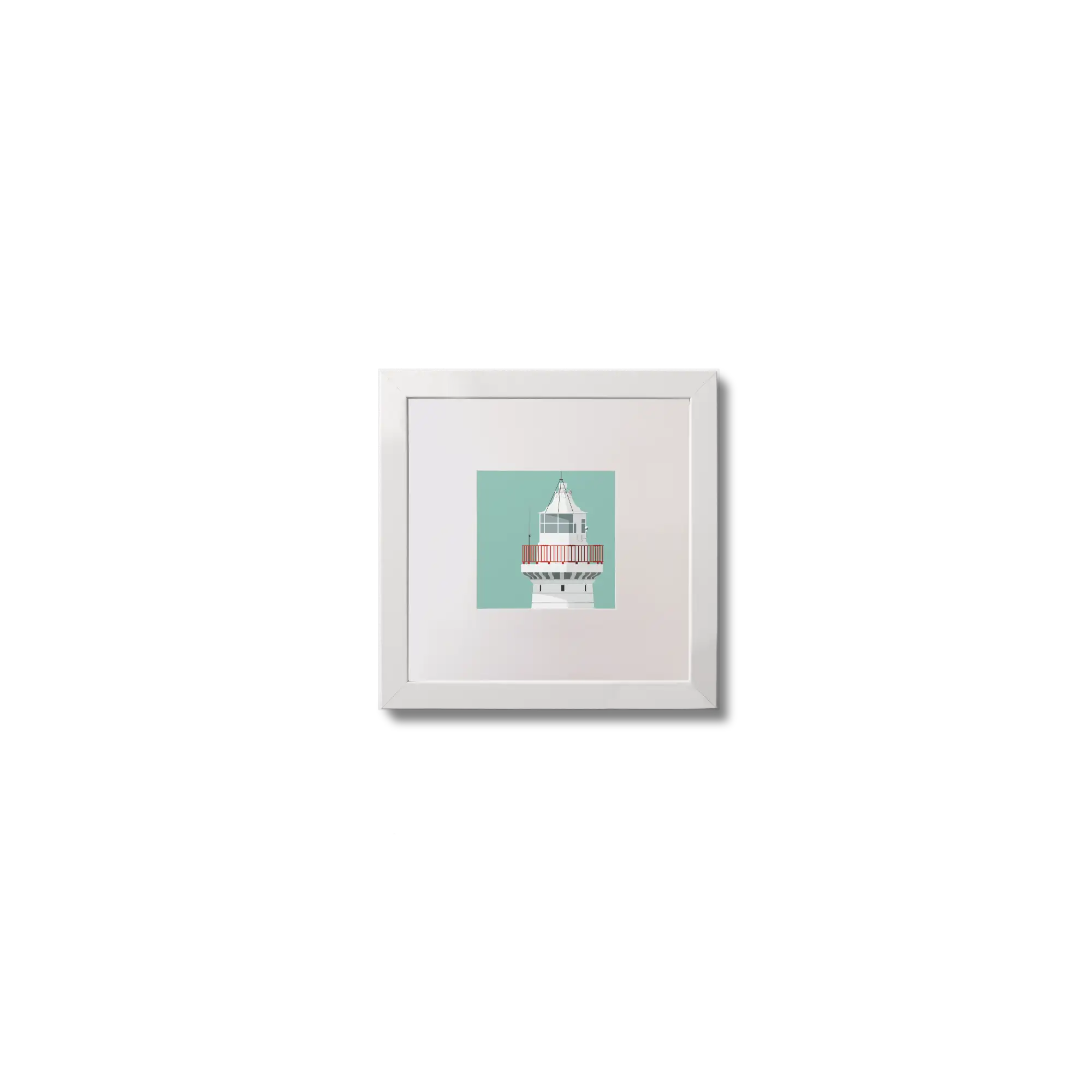 Illustration of Donaghadee lighthouse on an ocean green background,  in a white square frame measuring 10x10cm.