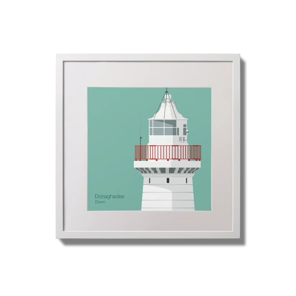 Illustration of Donaghadee lighthouse on an ocean green background,  in a white square frame measuring 20x20cm.