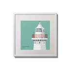 Illustration of Donaghadee lighthouse on an ocean green background,  in a white square frame measuring 20x20cm.