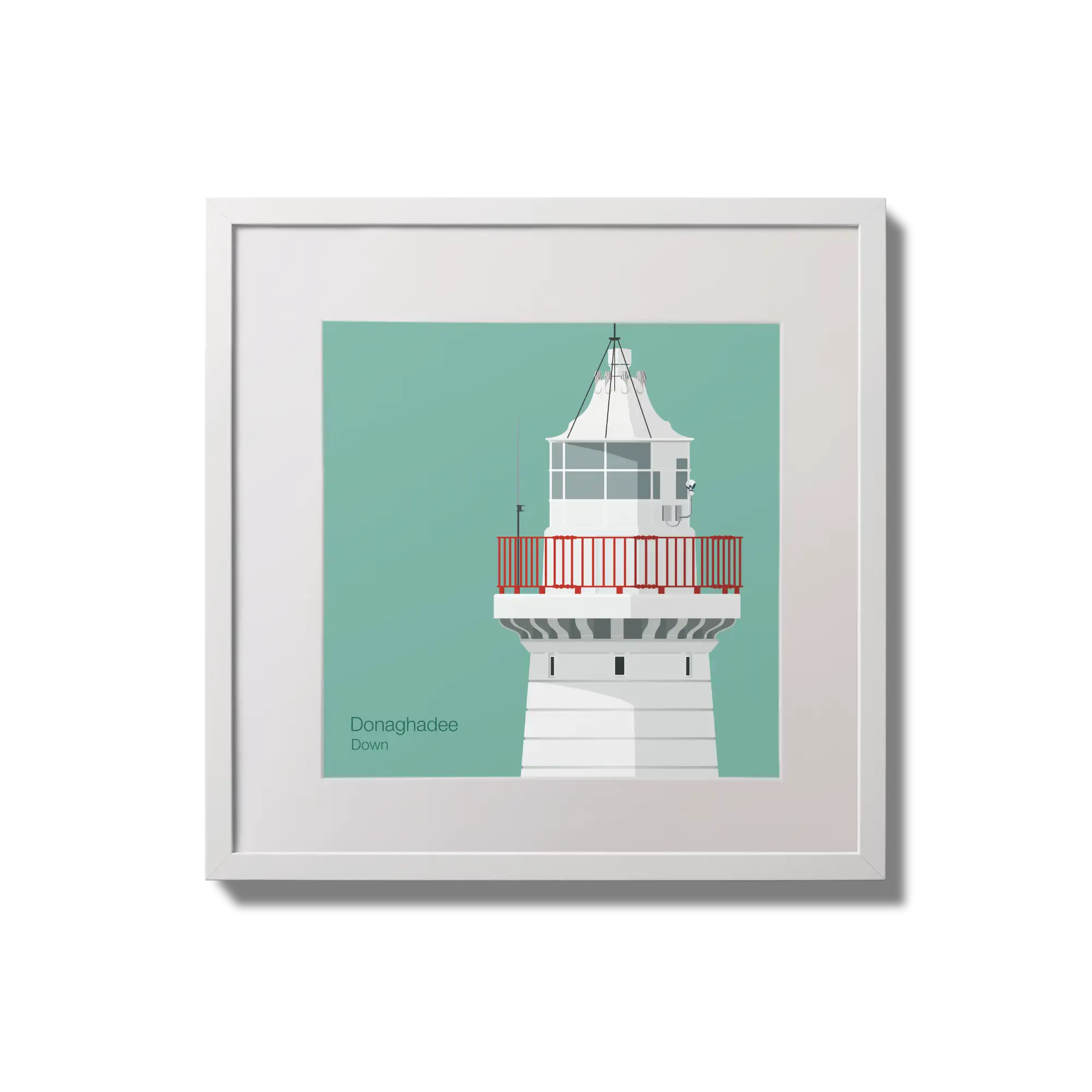 Illustration of Donaghadee lighthouse on an ocean green background,  in a white square frame measuring 20x20cm.