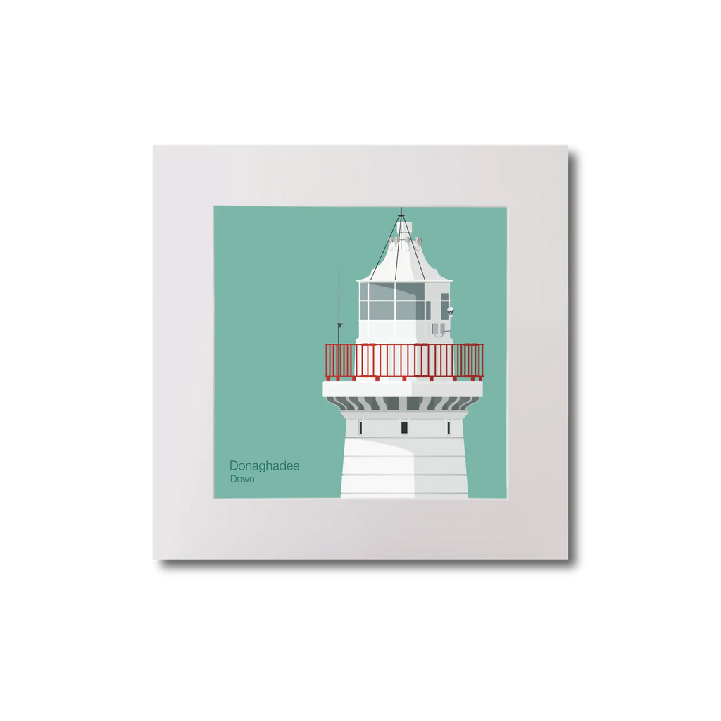 Illustration of Donaghadee lighthouse on an ocean green background, mounted and measuring 20x20cm.
