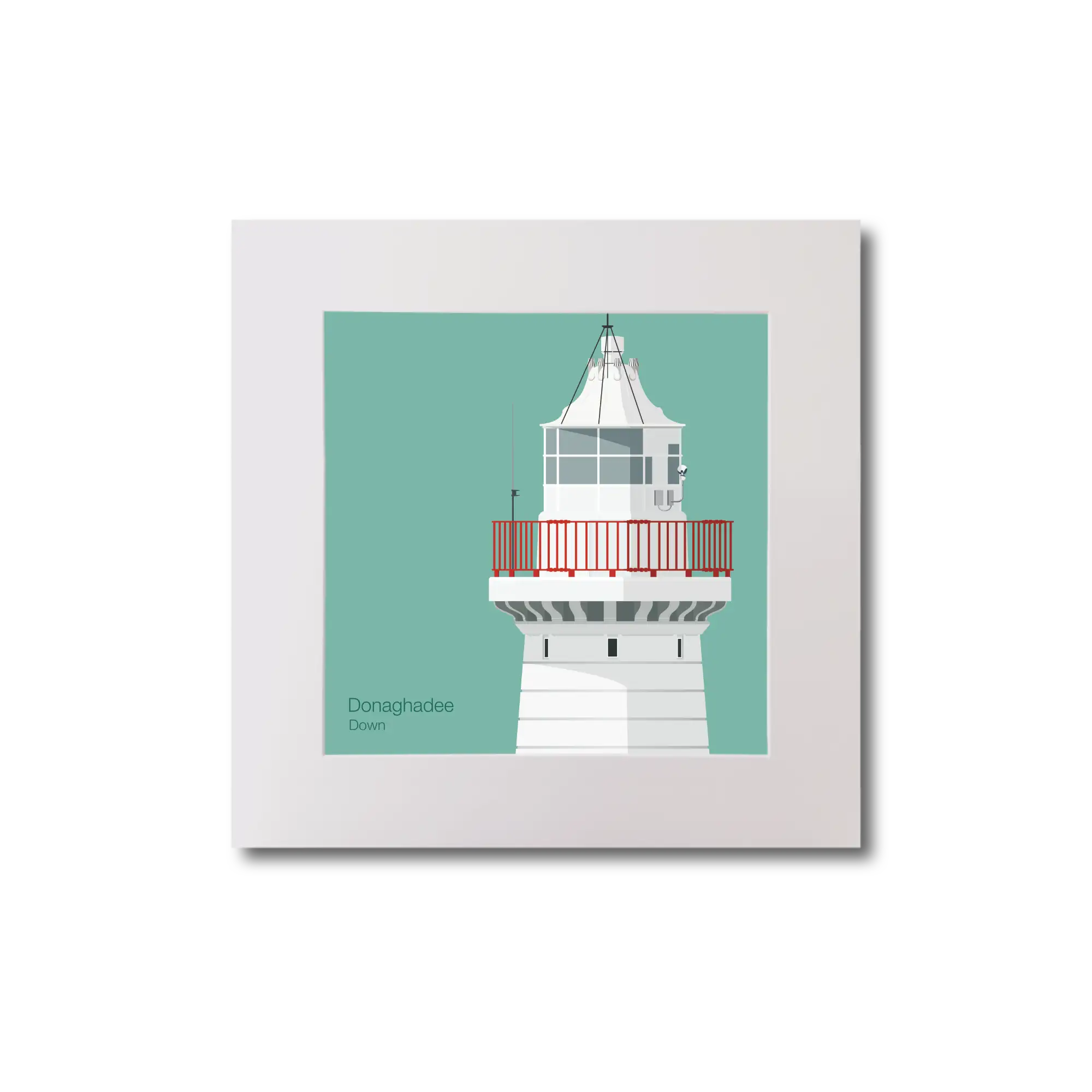 Illustration of Donaghadee lighthouse on an ocean green background, mounted and measuring 20x20cm.