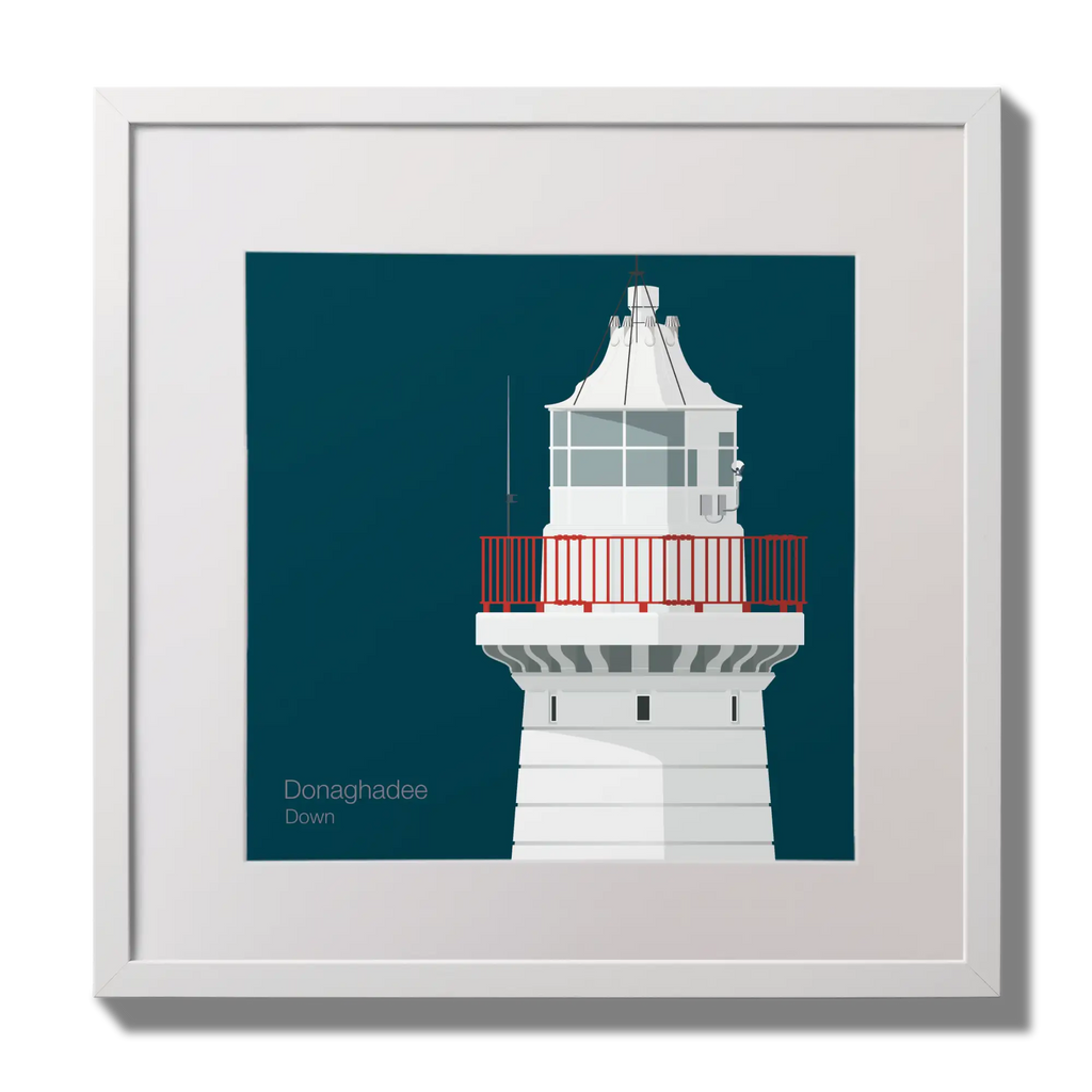Illustration of Donaghadee lighthouse on a midnight blue background,  in a white square frame measuring 30x30cm.