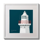 Illustration of Donaghadee lighthouse on a midnight blue background,  in a white square frame measuring 30x30cm.