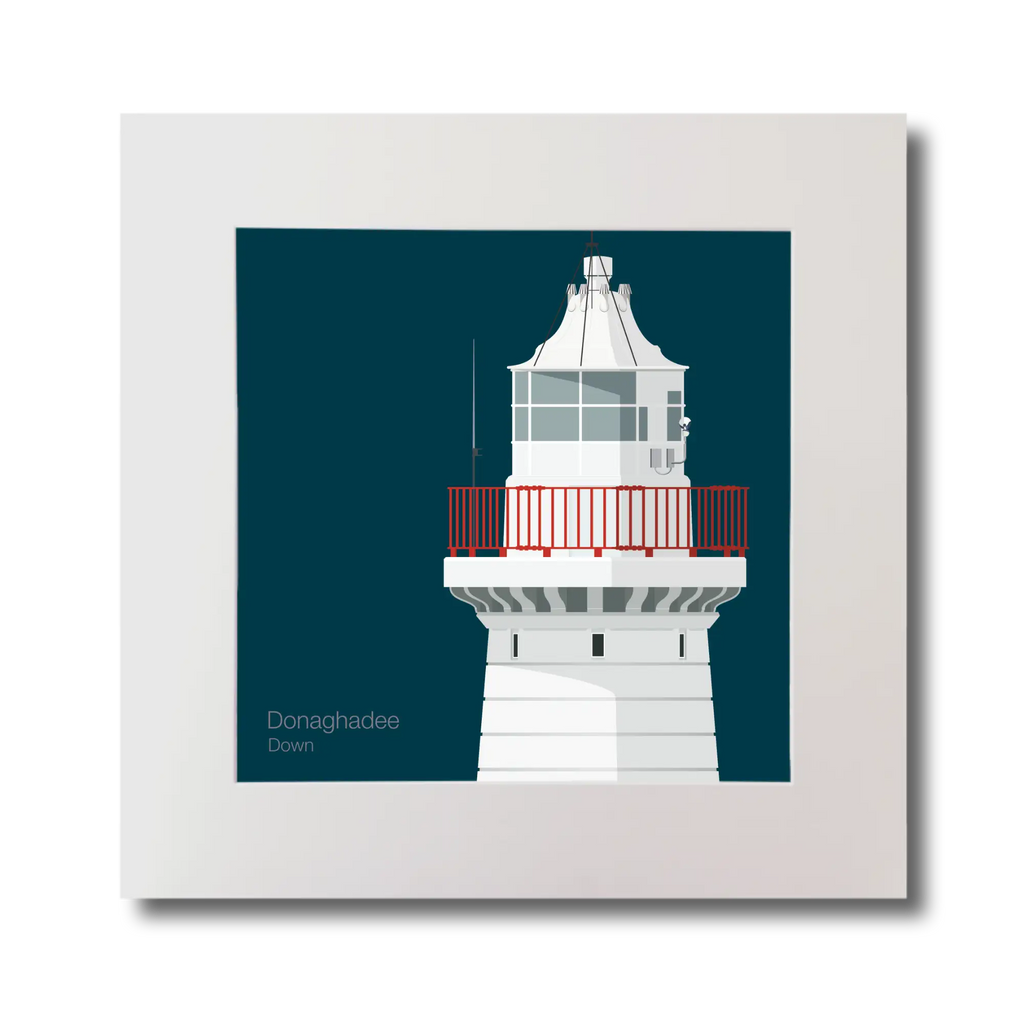 Illustration of Donaghadee lighthouse on a midnight blue background, mounted and measuring 30x30cm.