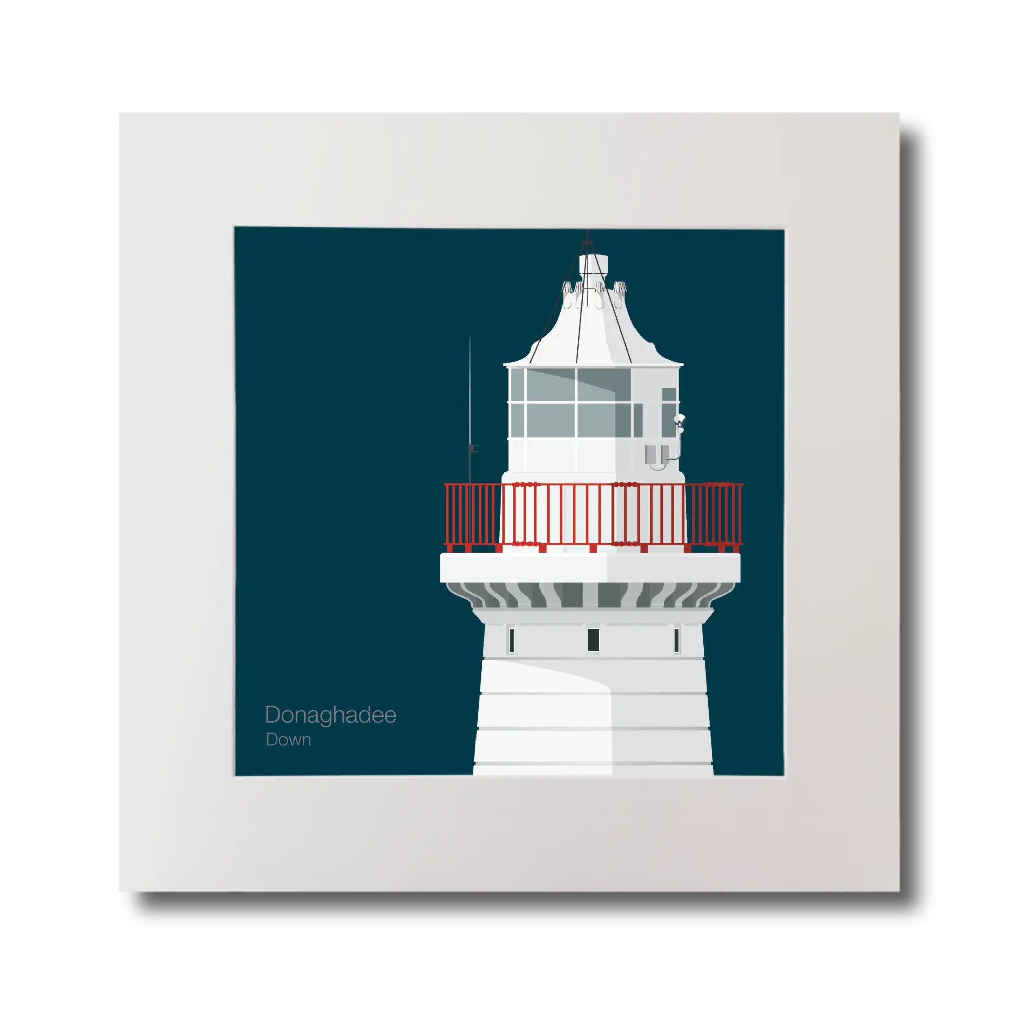 Illustration of Donaghadee lighthouse on a midnight blue background, mounted and measuring 30x30cm.