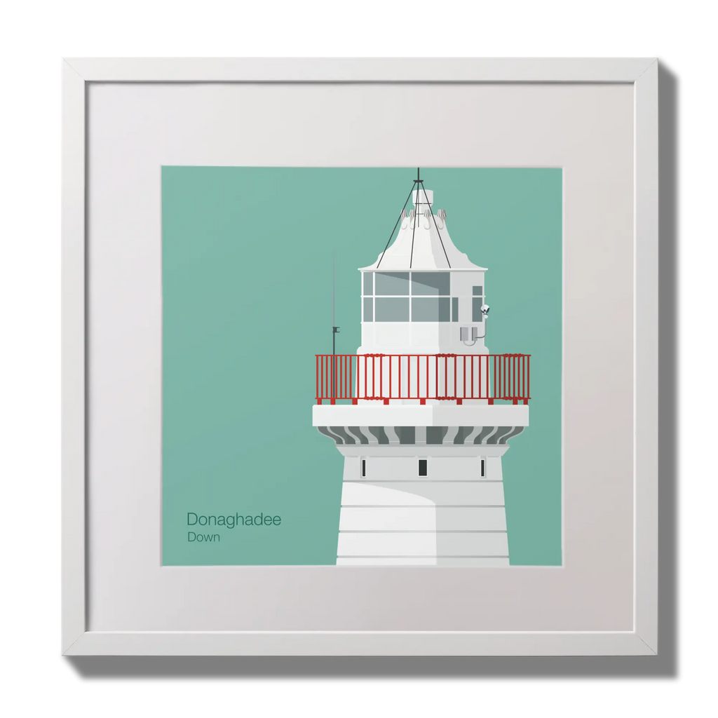 Illustration of Donaghadee lighthouse on an ocean green background,  in a white square frame measuring 30x30cm.
