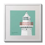Illustration of Donaghadee lighthouse on an ocean green background,  in a white square frame measuring 30x30cm.