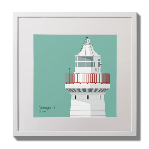 Illustration of Donaghadee lighthouse on an ocean green background,  in a white square frame measuring 30x30cm.