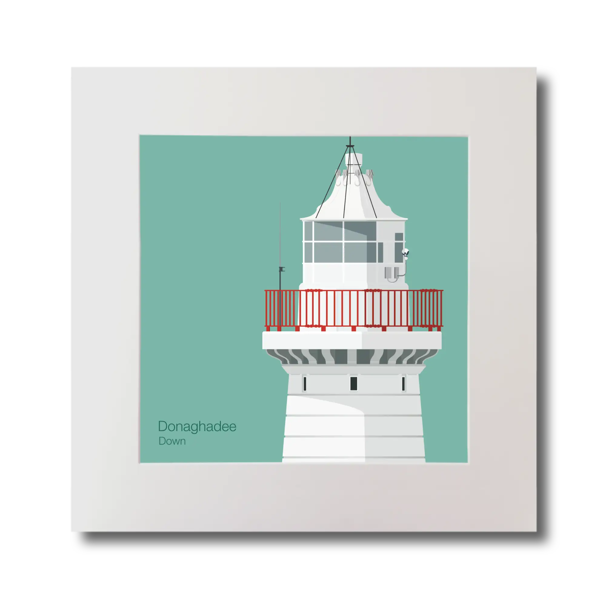 Illustration of Donaghadee lighthouse on an ocean green background, mounted and measuring 30x30cm.