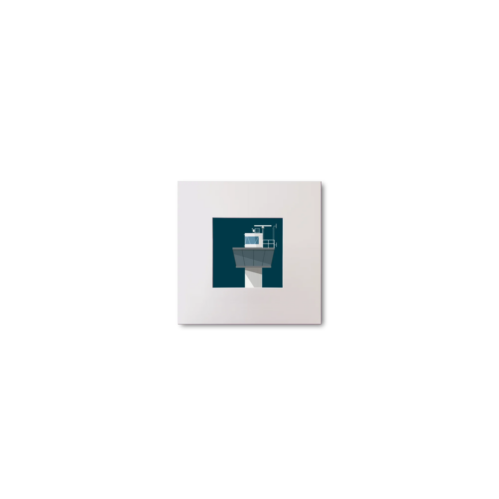 Illustration of Ferris Point lighthouse on a midnight blue background, mounted and measuring 10x10cm.