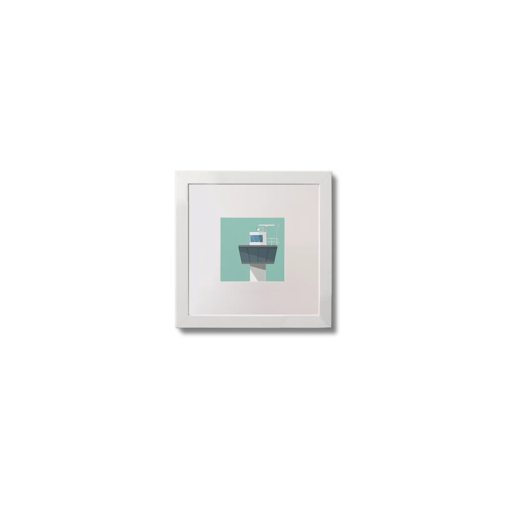 Illustration of Ferris Point lighthouse on an ocean green background,  in a white square frame measuring 10x10cm.