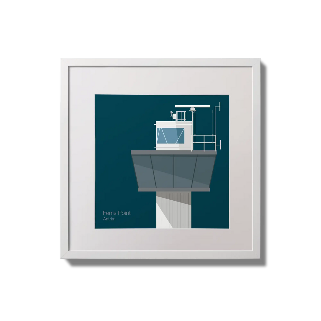 Framed wall art decoration of Ferris Point lighthouse on a midnight blue background,  in a white square frame measuring 20x20cm.