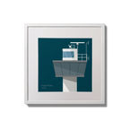 Framed wall art decoration of Ferris Point lighthouse on a midnight blue background,  in a white square frame measuring 20x20cm.