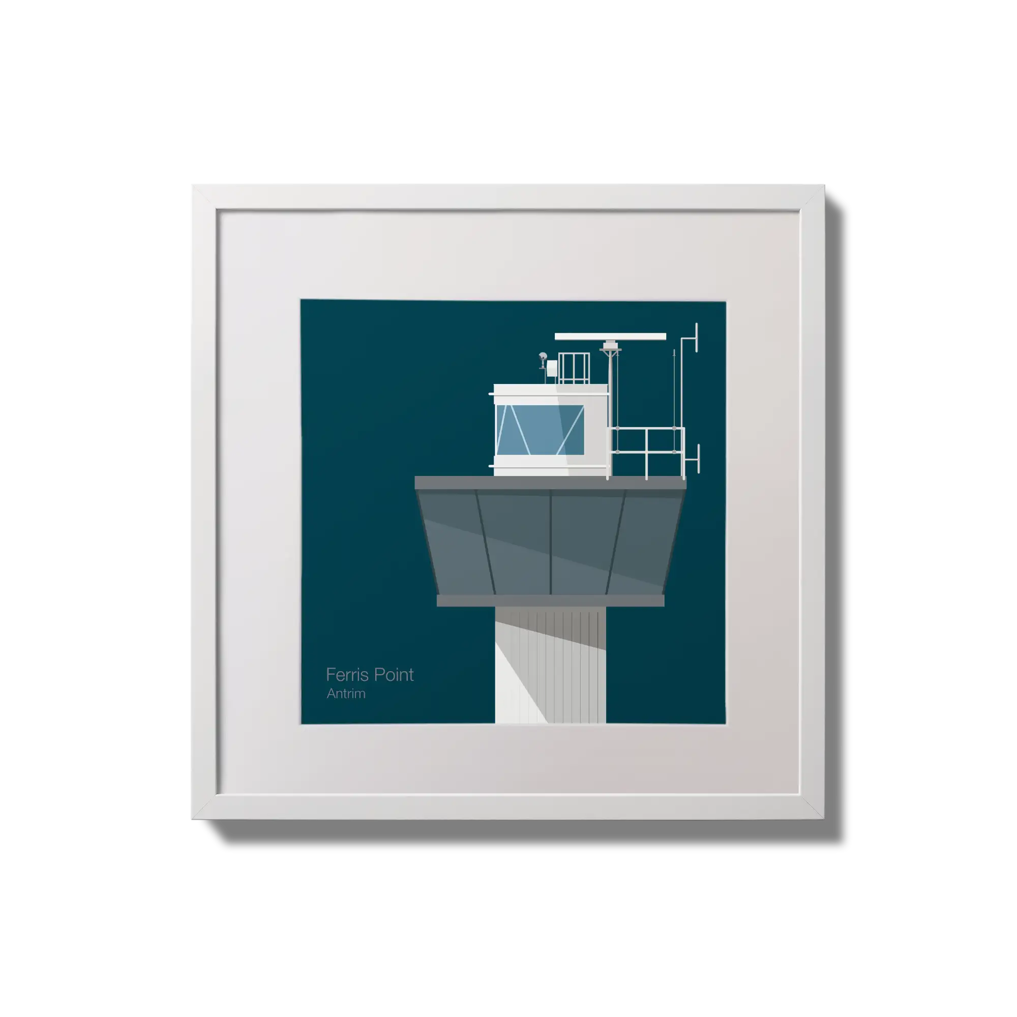 Framed wall art decoration of Ferris Point lighthouse on a midnight blue background,  in a white square frame measuring 20x20cm.
