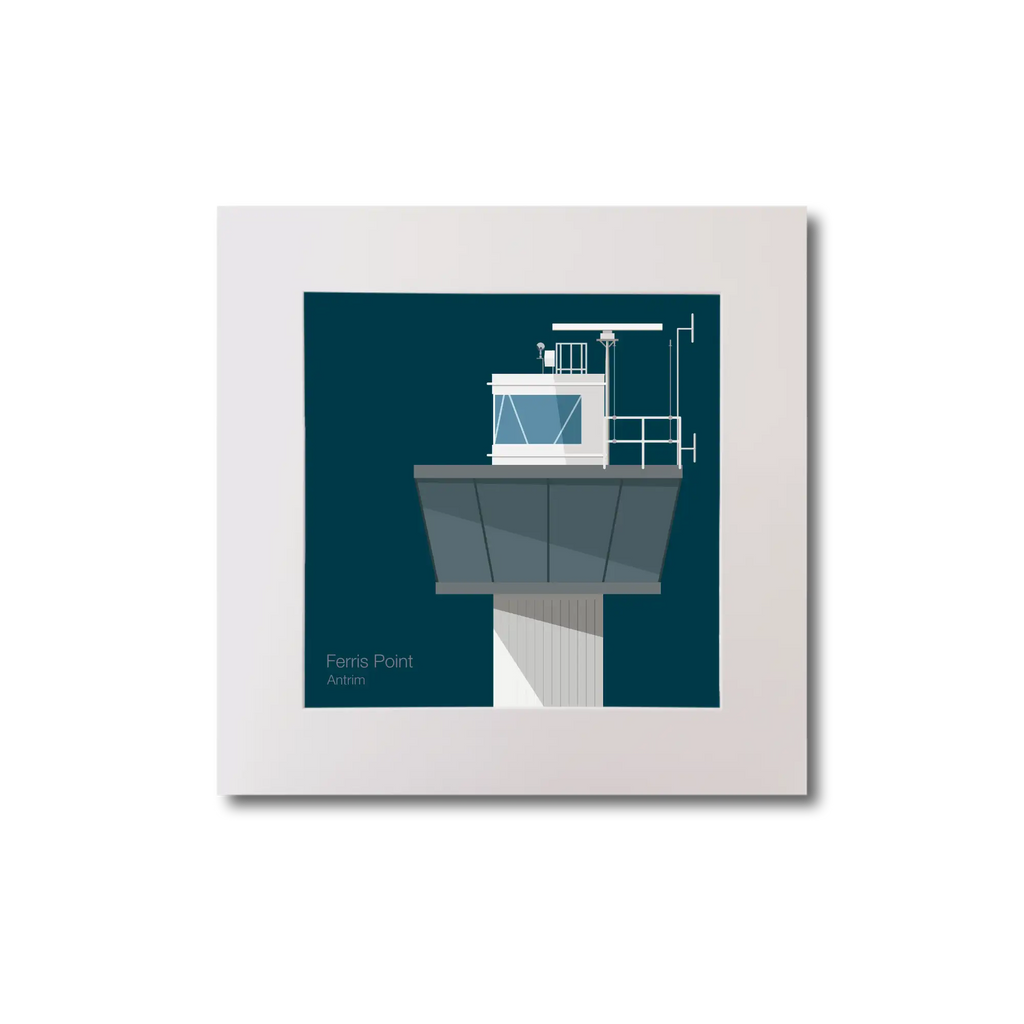 Illustration of Ferris Point lighthouse on a midnight blue background, mounted and measuring 20x20cm.