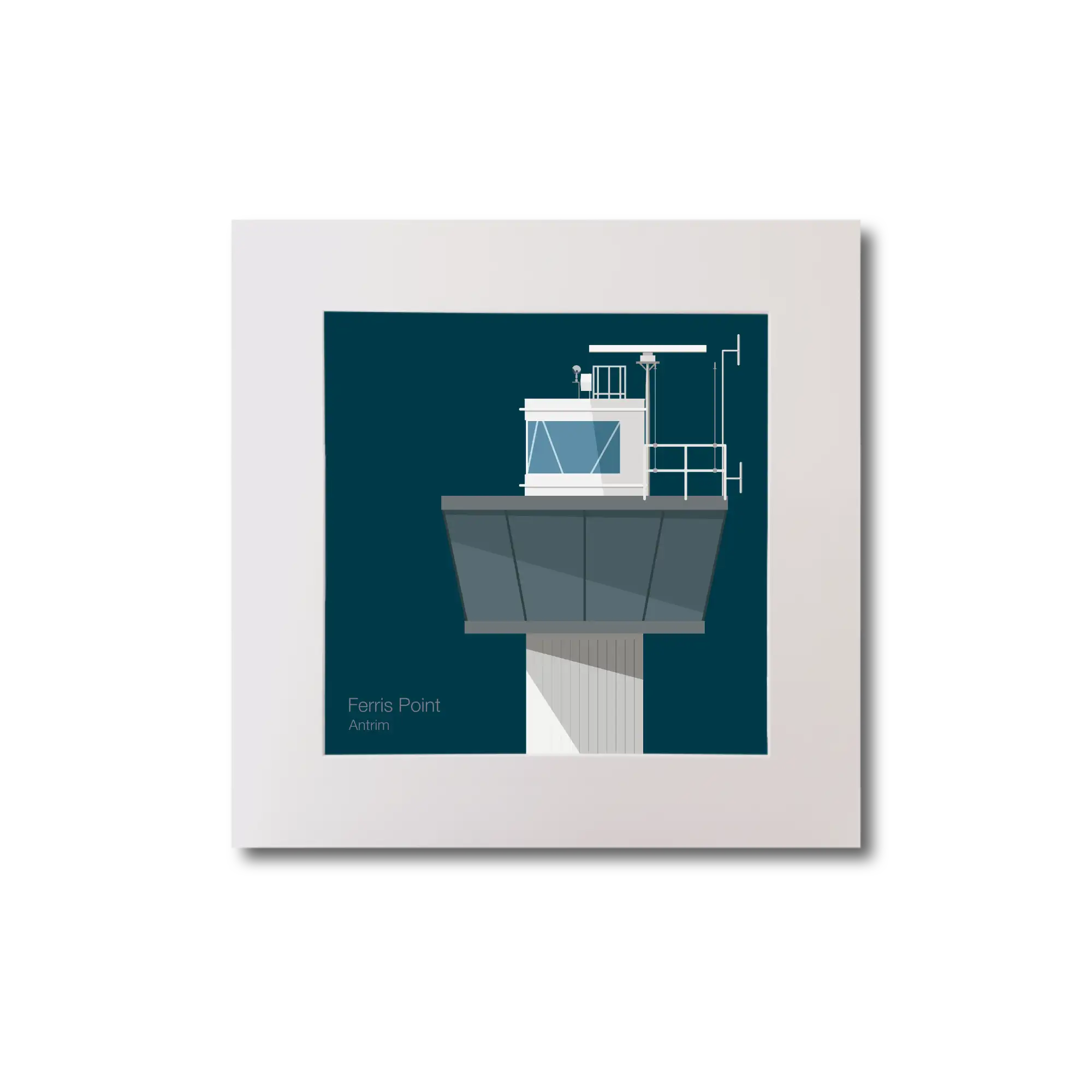 Illustration of Ferris Point lighthouse on a midnight blue background, mounted and measuring 20x20cm.