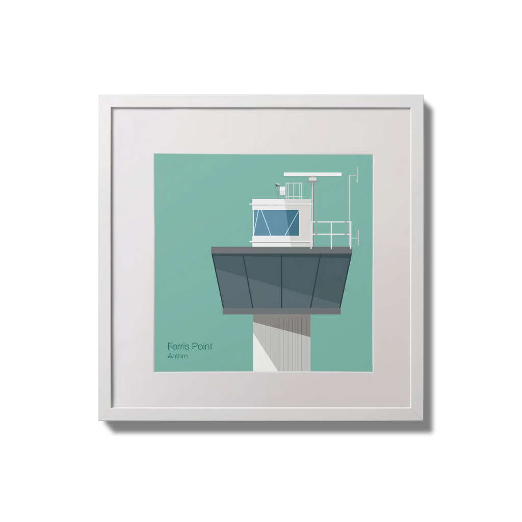 Contemporary wall hanging of Ferris Point lighthouse on an ocean green background,  in a white square frame measuring 20x20cm.