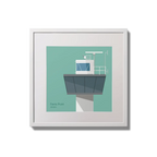 Contemporary wall hanging of Ferris Point lighthouse on an ocean green background,  in a white square frame measuring 20x20cm.